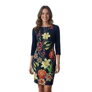 Joseph Ribkoff Black Garden Floral Sheath Dress 3/4 Sleeve Back Zip Size 12